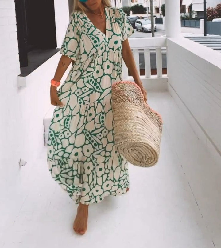 Anaëlle | Robe Midi Élégante à Motif Doux et Col V
