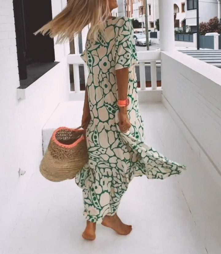 Anaëlle | Robe Midi Élégante à Motif Doux et Col V