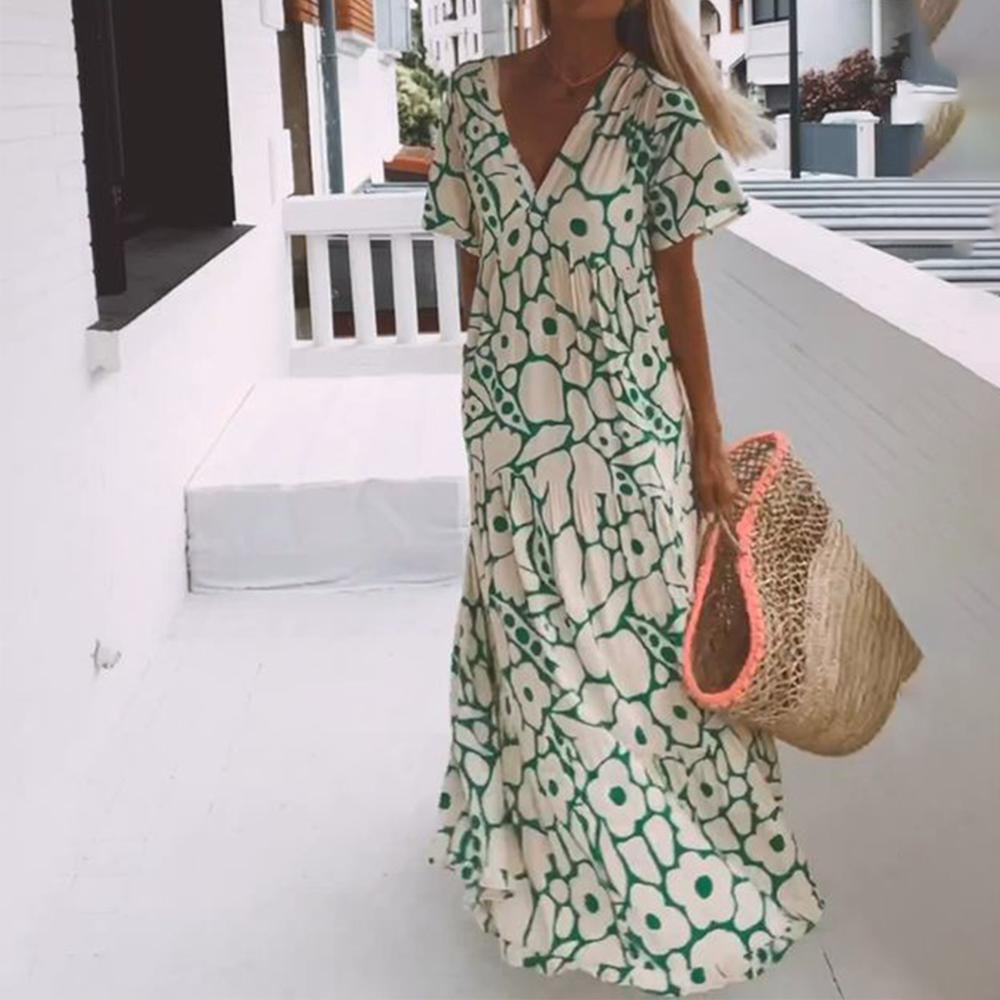 Anaëlle | Robe Midi Élégante à Motif Doux et Col V