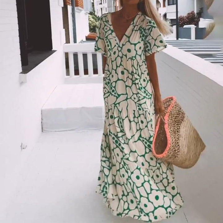 Anaëlle | Robe Midi Élégante à Motif Doux et Col V