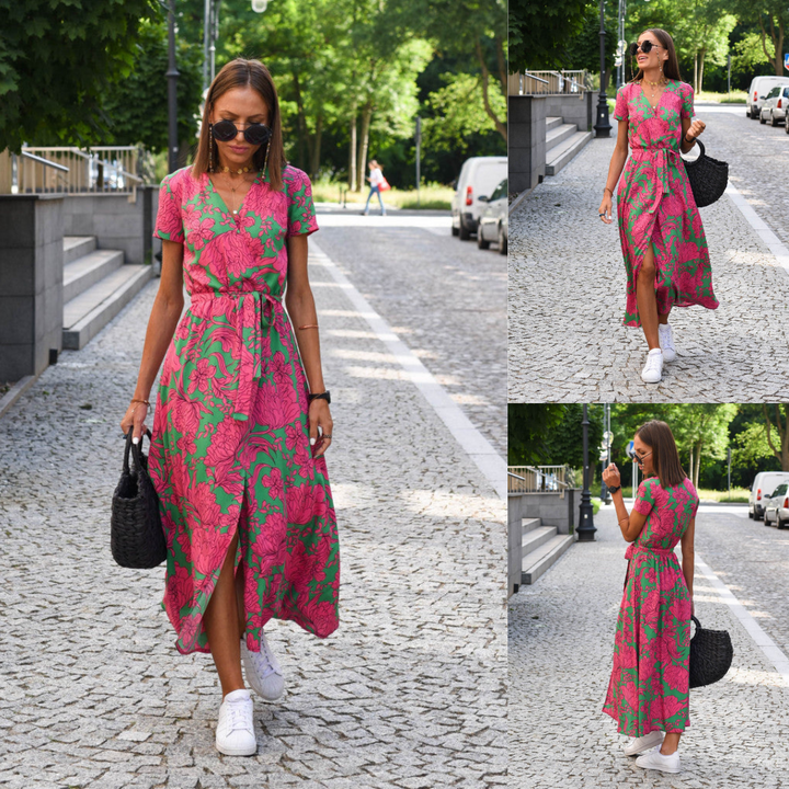 LÉANA | Robe Fleurie à Fente Haute et Taille Ajustable