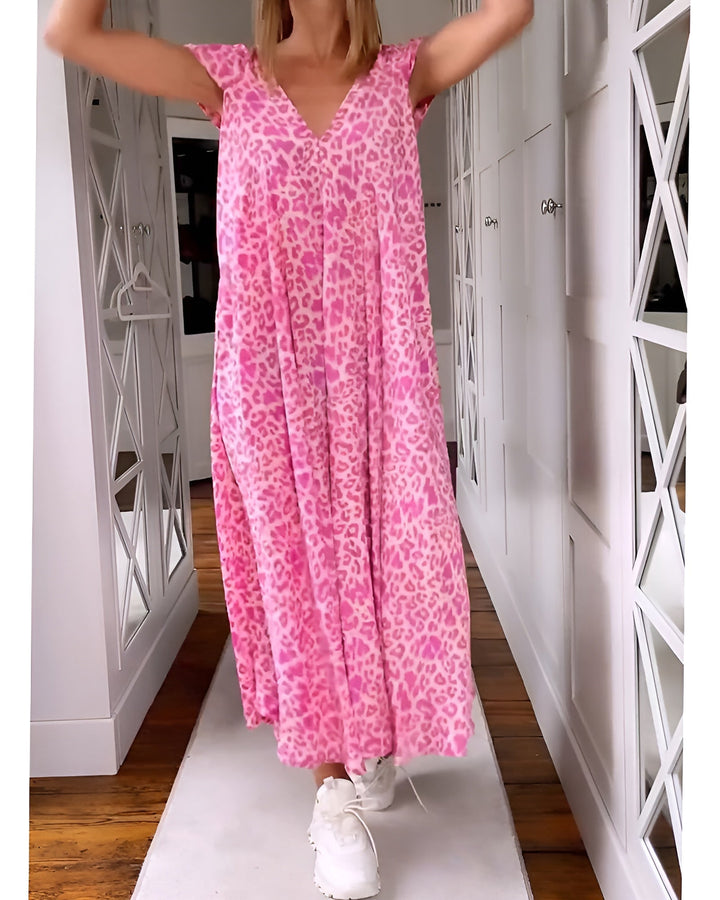 Véronique | Robe longue col V en imprimé à manches courtes