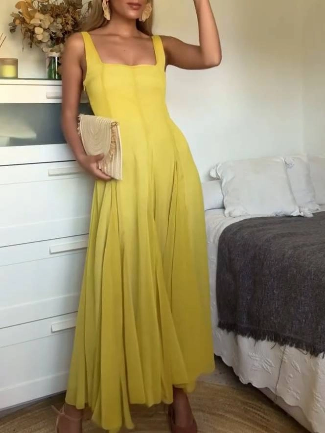 Robe Longue Élégante avec Décolleté Carré et Bretelles