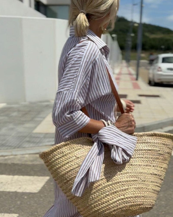 Clémence | Robe Chemise Classique à Rayures avec Ceinture