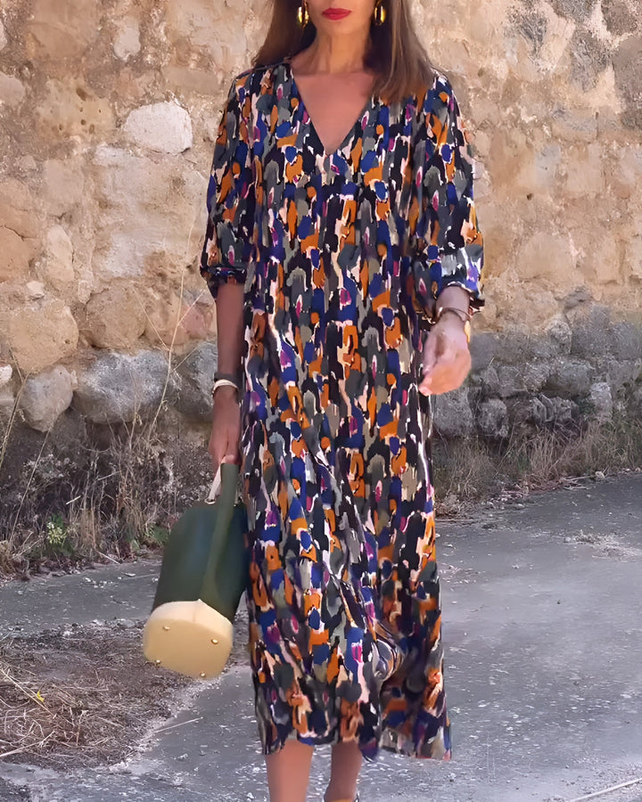 Nathalie | Robe col V imprimé rétro