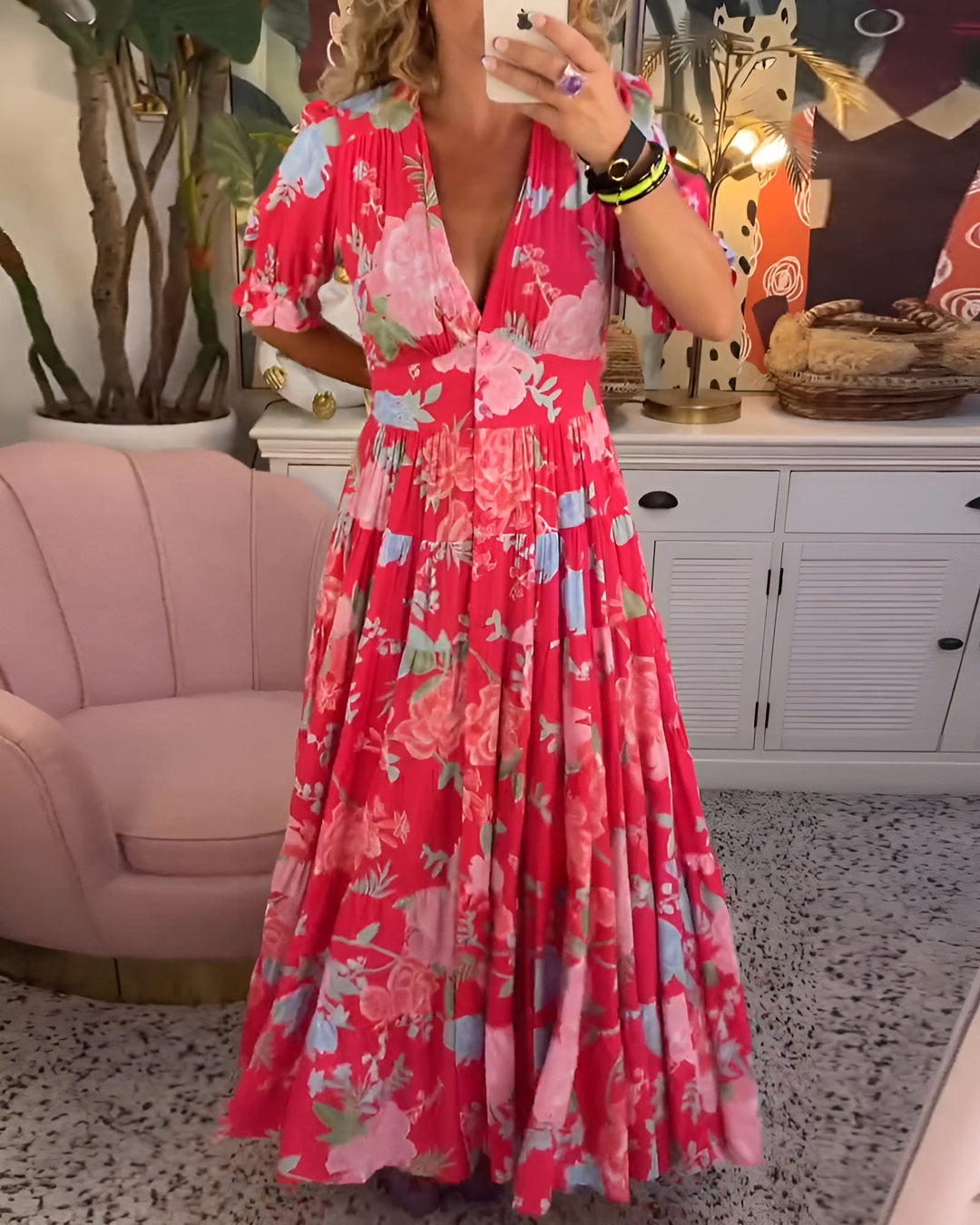 Carine | Robe à poche col V imprimé fleuri