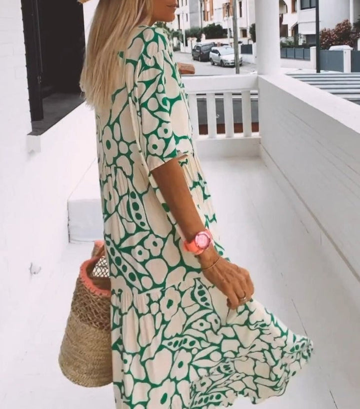 Anaëlle | Robe Midi Élégante à Motif Doux et Col V