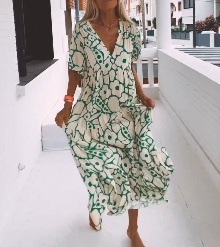 Anaëlle | Robe Midi Élégante à Motif Doux et Col V