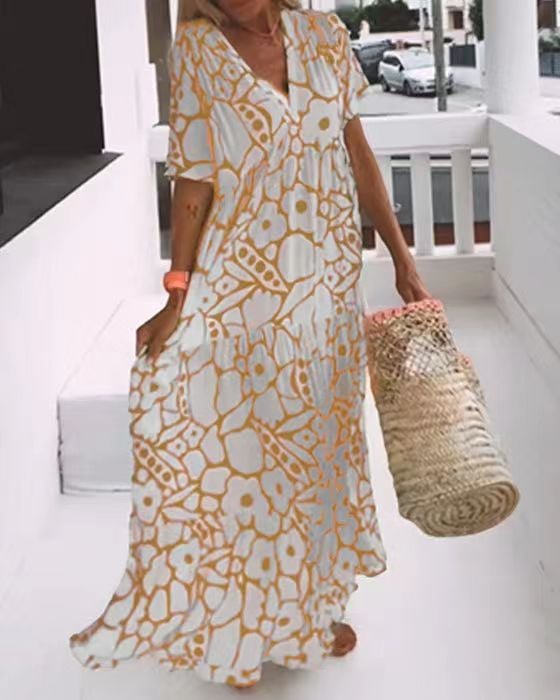 Anaëlle | Robe Midi Élégante à Motif Doux et Col V