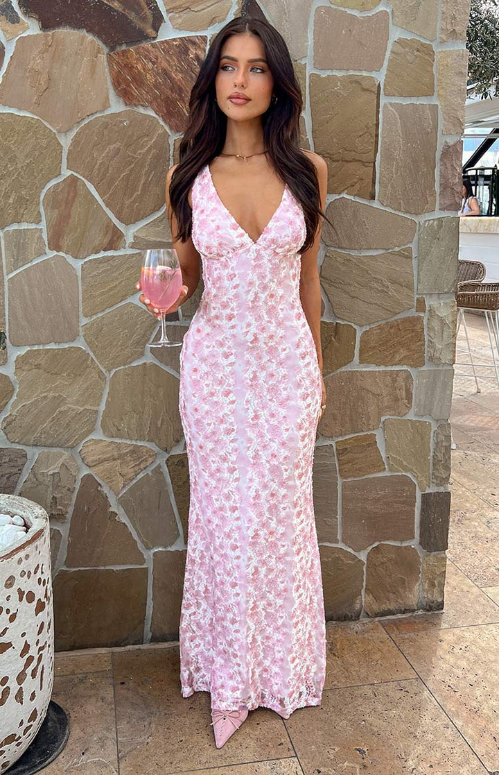 Farida™ | Robe Maxi en Dentelle Rose