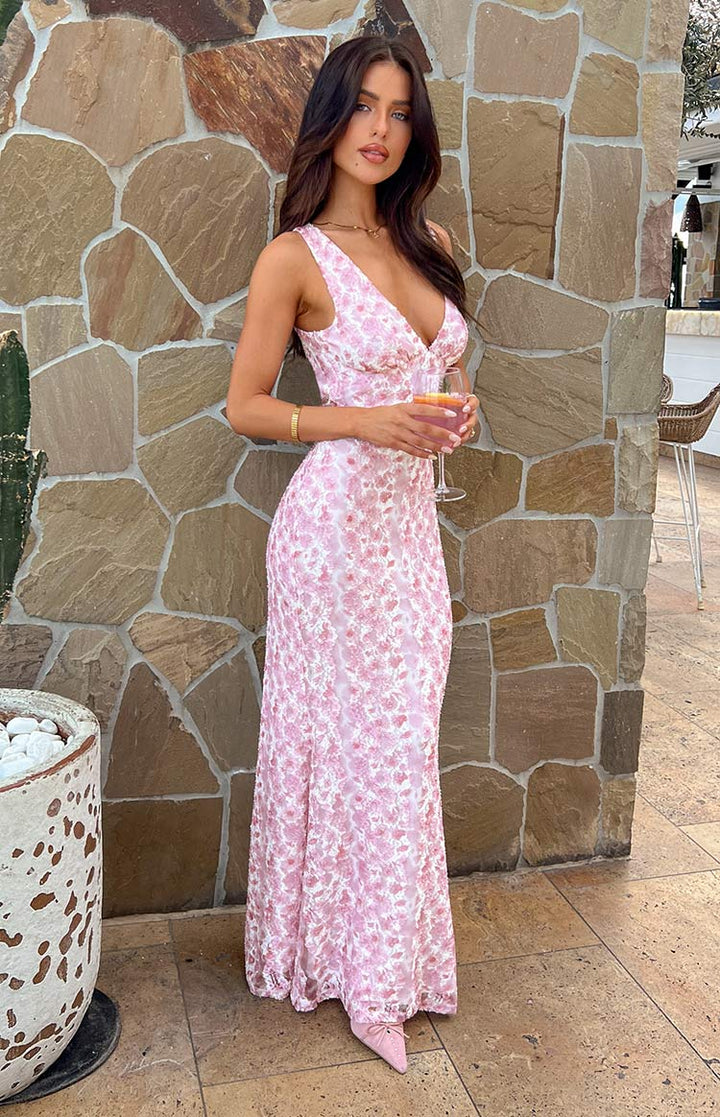 Farida™ | Robe Maxi en Dentelle Rose
