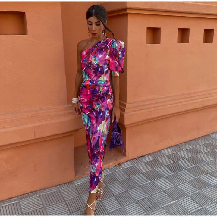 Yllana™ | Robe Midi Femme Avec Épaule Dégagée Violette