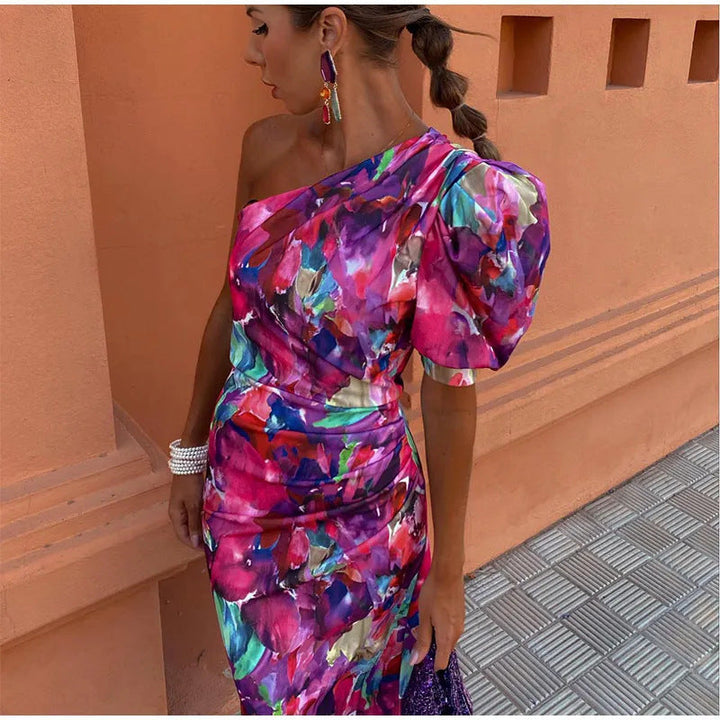 Yllana™ | Robe Midi Femme Avec Épaule Dégagée Violette