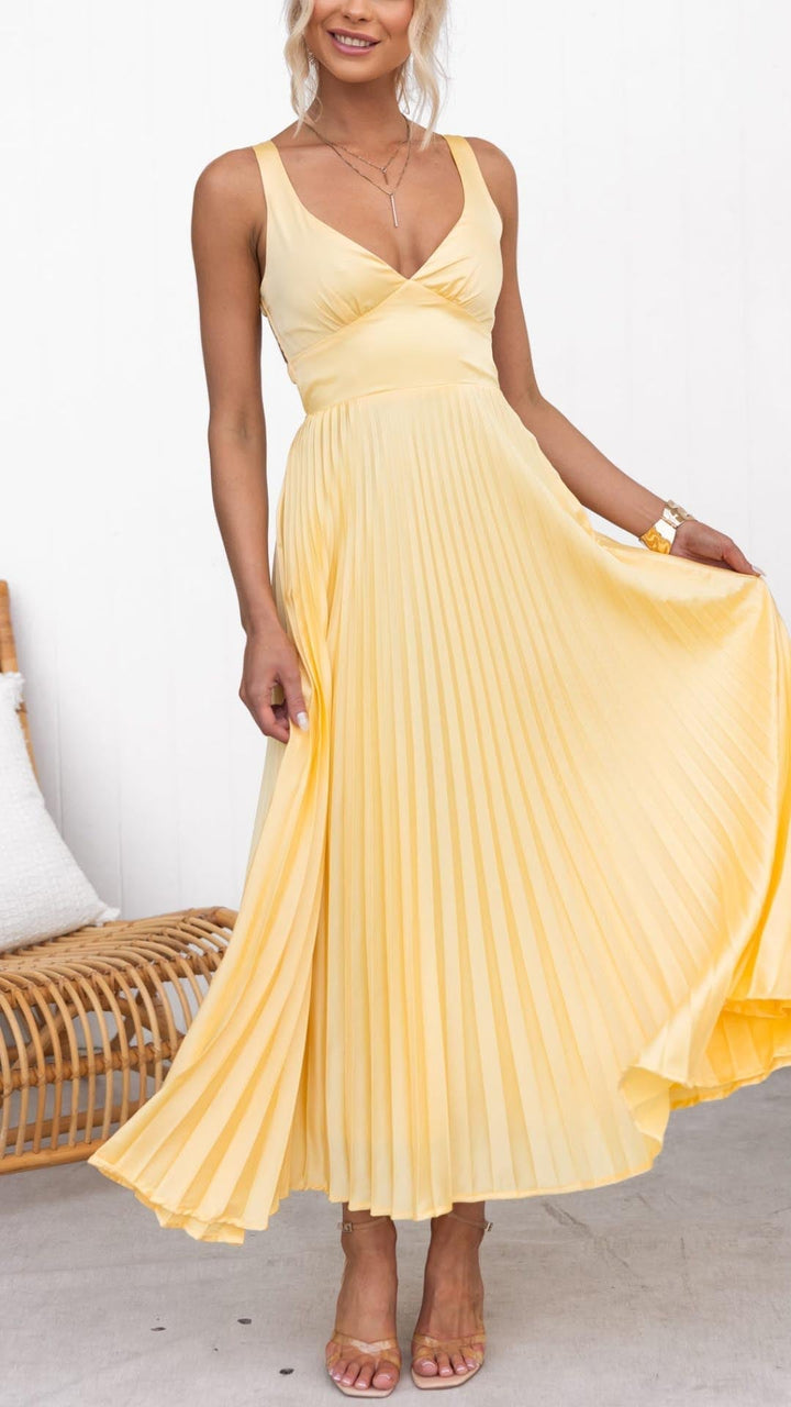 Aby - Robe Maxikleid Plissée Jaune à Décolleté en V