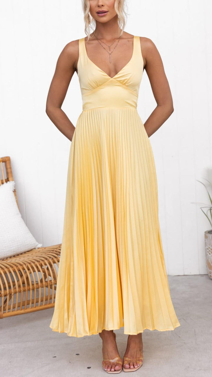 Aby - Robe Maxikleid Plissée Jaune à Décolleté en V