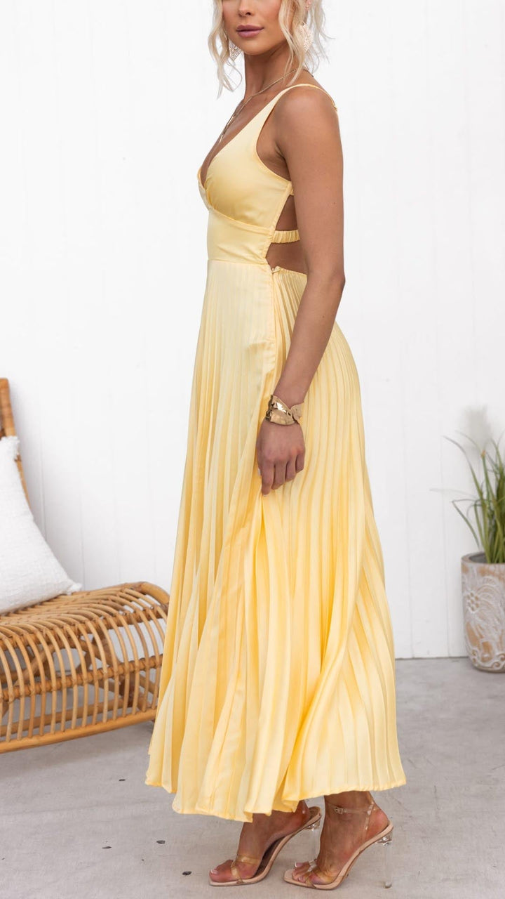 Aby - Robe Maxikleid Plissée Jaune à Décolleté en V