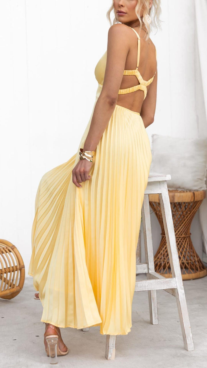 Aby - Robe Maxikleid Plissée Jaune à Décolleté en V