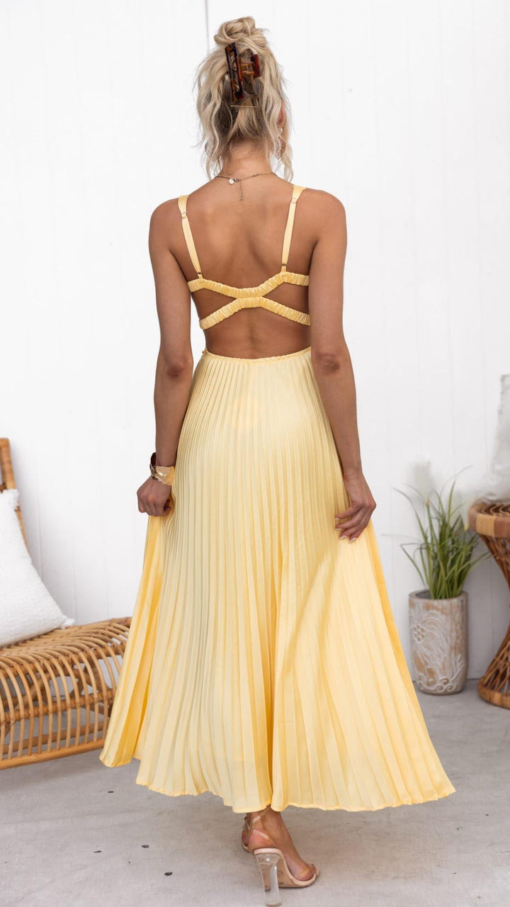 Aby - Robe Maxikleid Plissée Jaune à Décolleté en V