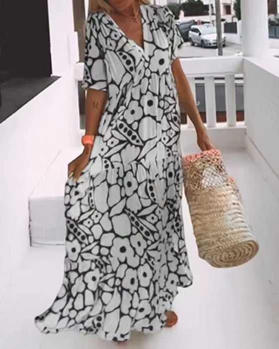 Anaëlle | Robe Midi Élégante à Motif Doux et Col V