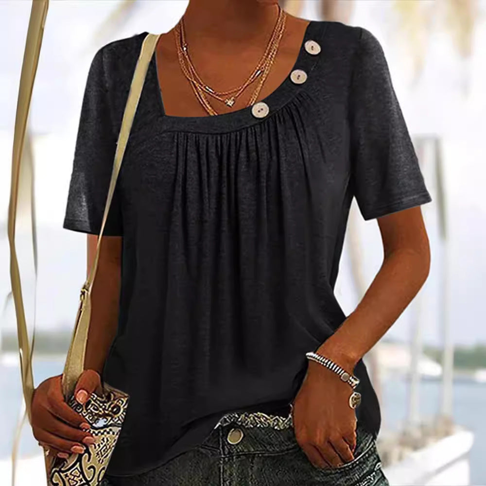 Céline | T-shirt Élégant à Col Rond avec Boutons Discrets
