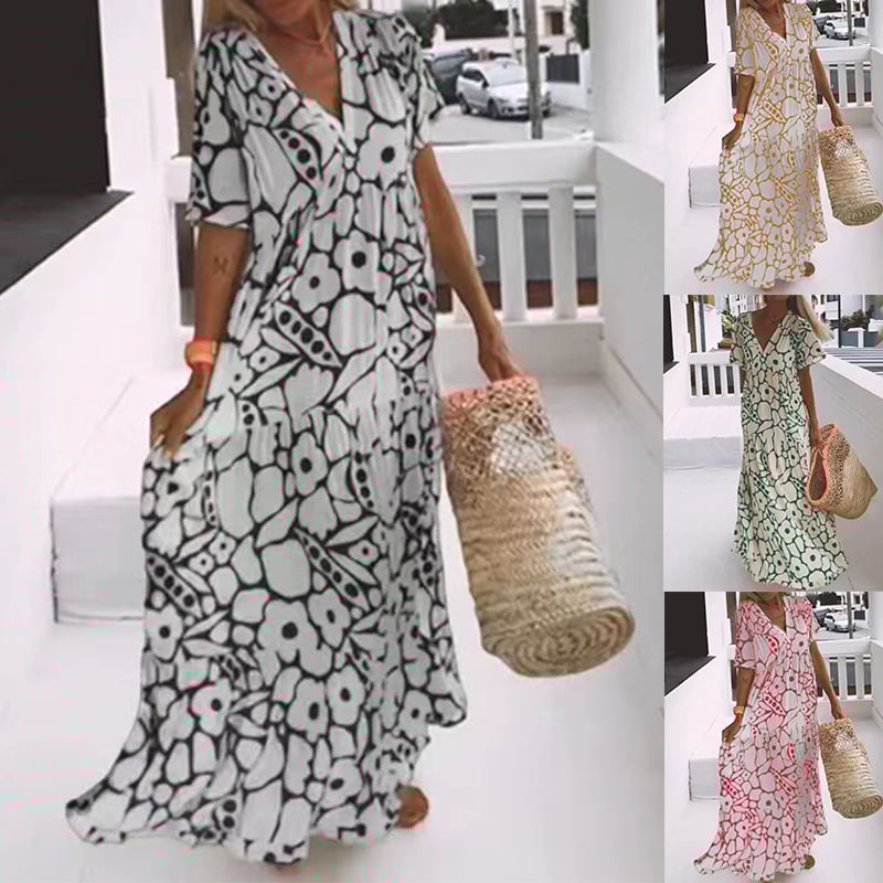 Anaëlle | Robe Midi Élégante à Motif Doux et Col V