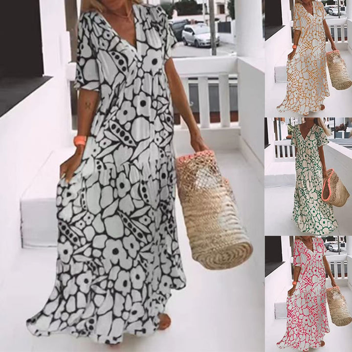 Anaëlle | Robe Midi Élégante à Motif Doux et Col V