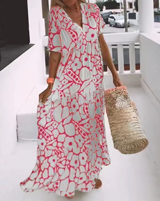 Anaëlle | Robe Midi Élégante à Motif Doux et Col V