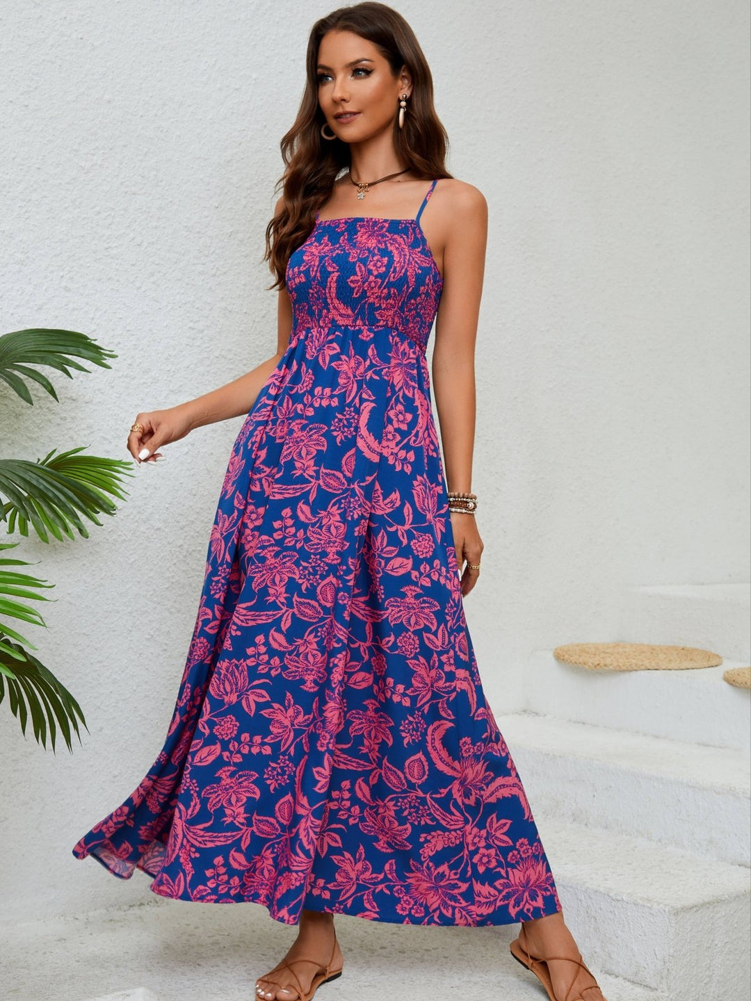 Emma™ | Robe Longue Fleurie avec Bretelles Fines et Fronces