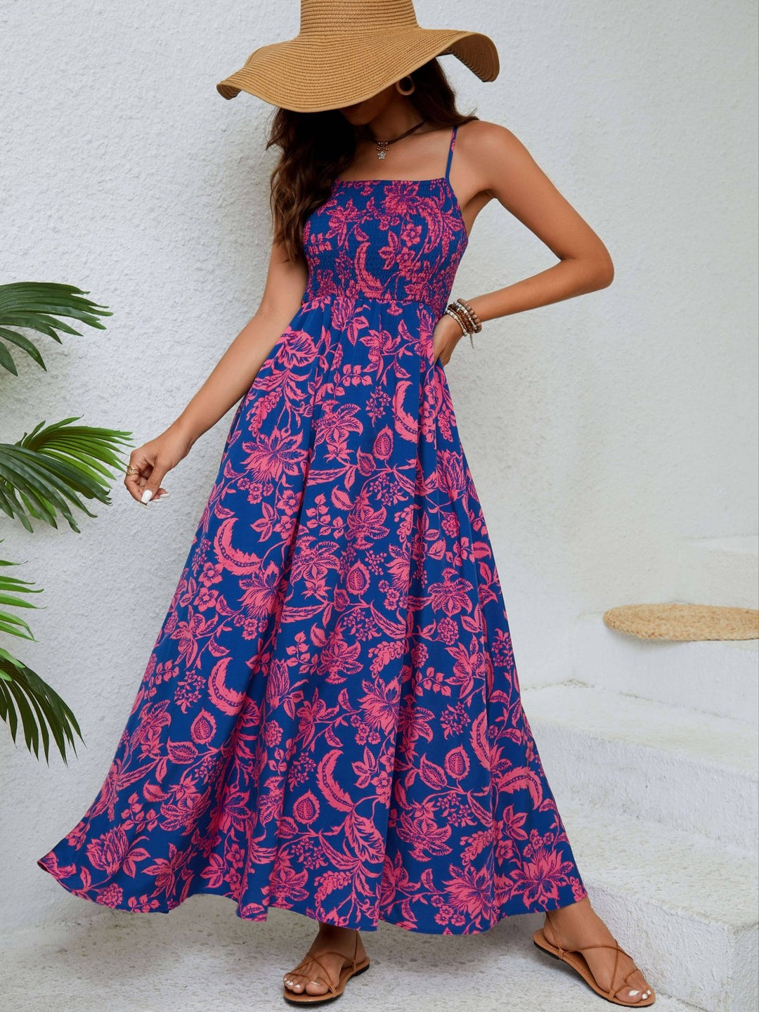 Emma™ | Robe Longue Fleurie avec Bretelles Fines et Fronces