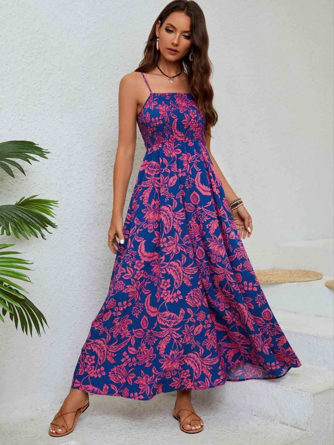 Emma™ | Robe Longue Fleurie avec Bretelles Fines et Fronces