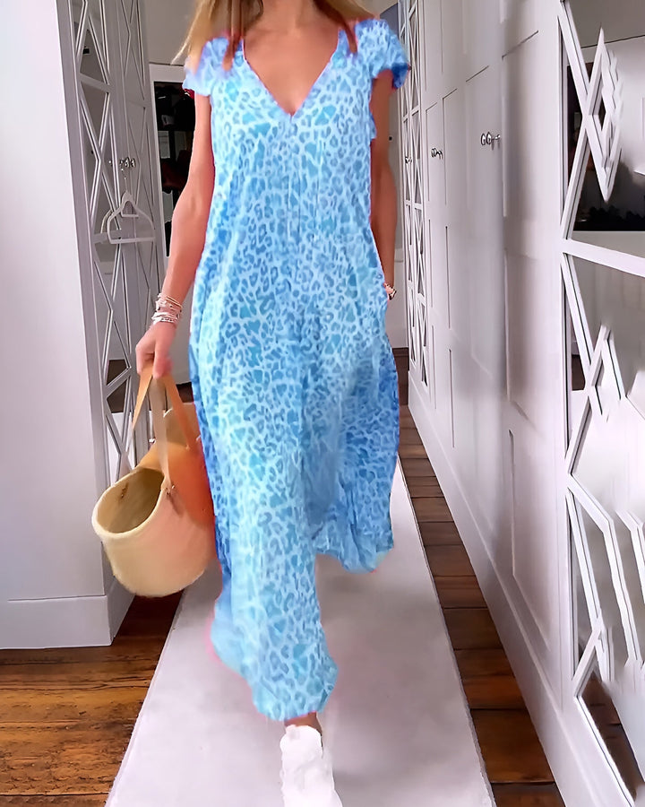 Véronique | Robe longue col V en imprimé à manches courtes