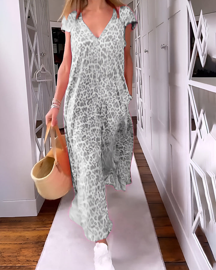 Véronique | Robe longue col V en imprimé à manches courtes