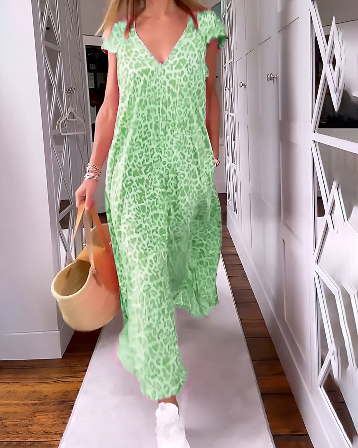 Véronique | Robe longue col V en imprimé à manches courtes