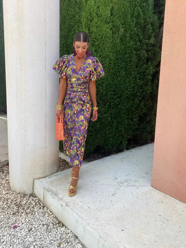 Arielle™ | Robe Midi Colorée pour Femme avec Manches Plissées