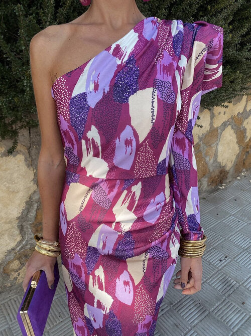 Yllana - Robe Midi à Épaule Unique Lila