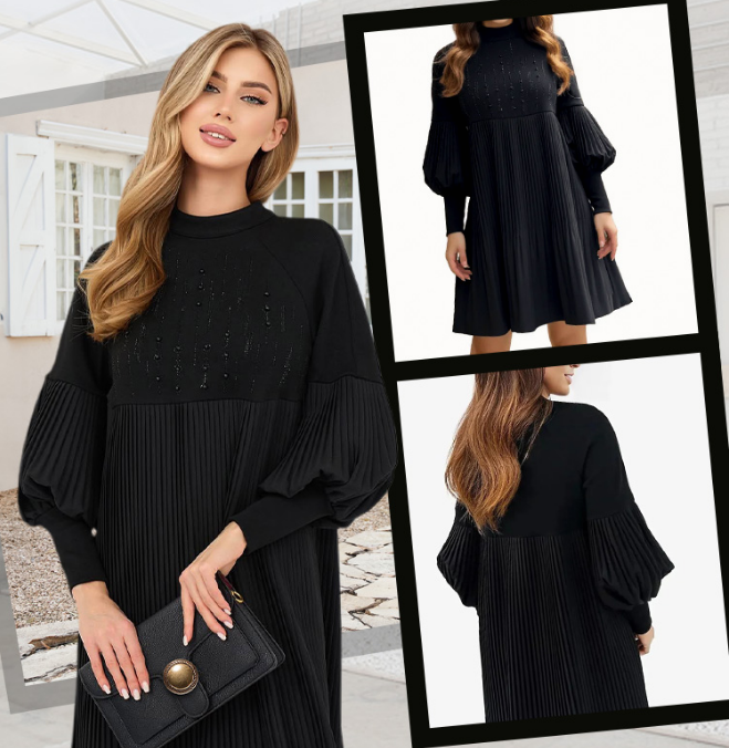 Marlene | Robe Grande Taille avec Col Montant et Manches Lanternes