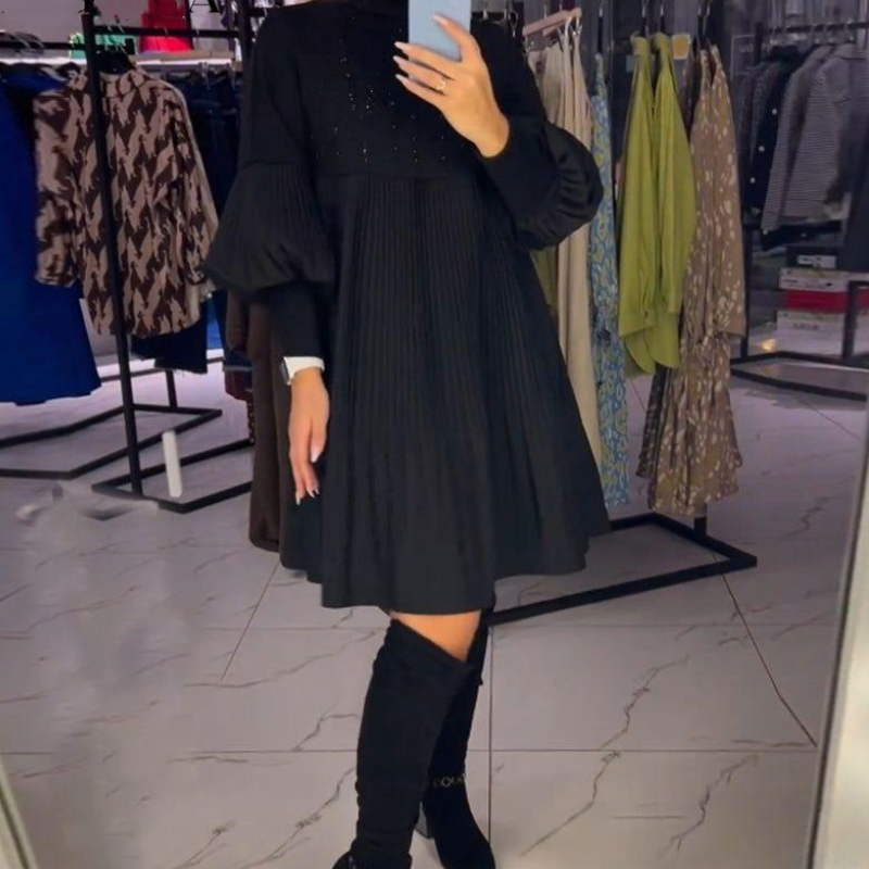 Marlene | Robe Grande Taille avec Col Montant et Manches Lanternes