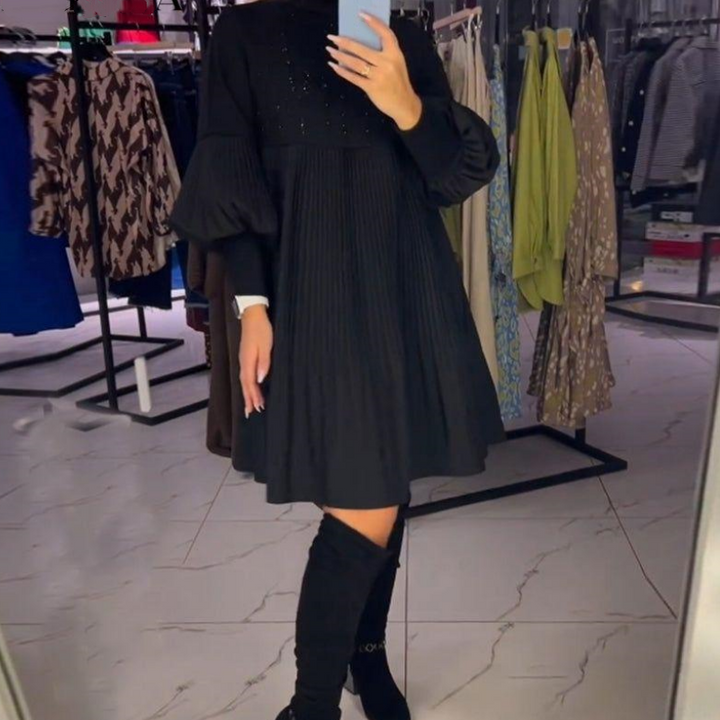 Marlene | Robe Grande Taille avec Col Montant et Manches Lanternes