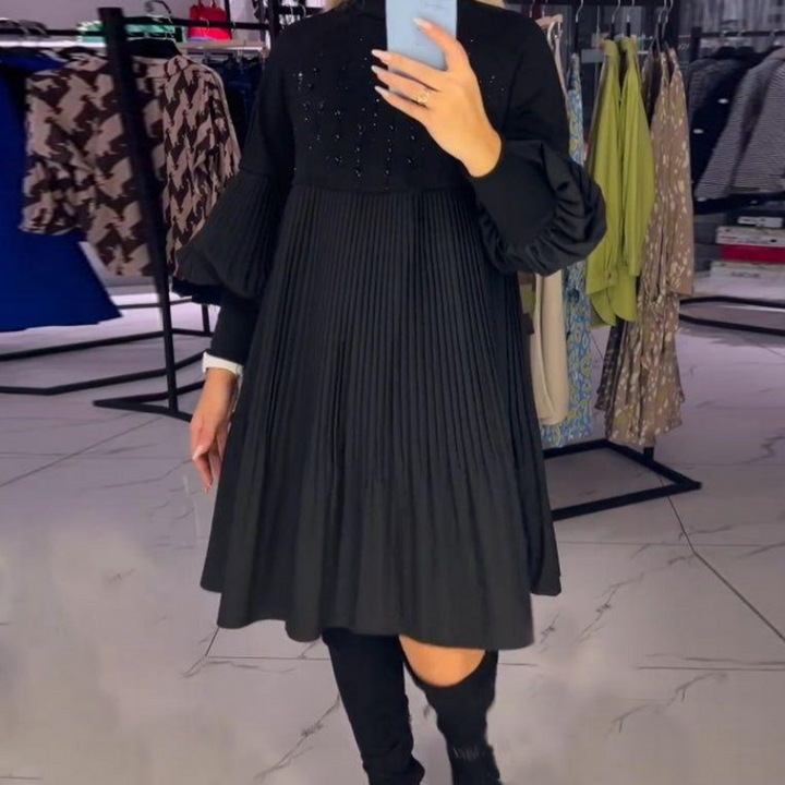 Marlene | Robe Grande Taille avec Col Montant et Manches Lanternes