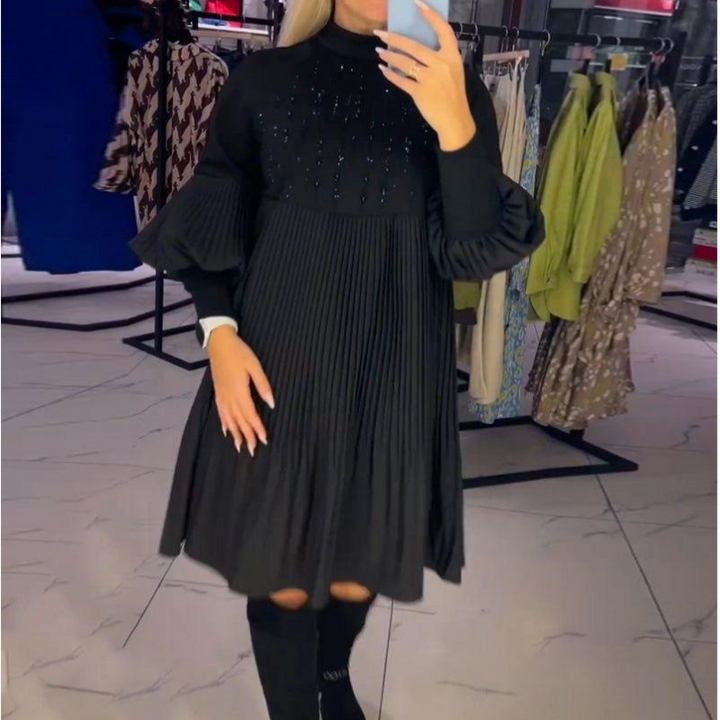Marlene | Robe Grande Taille avec Col Montant et Manches Lanternes