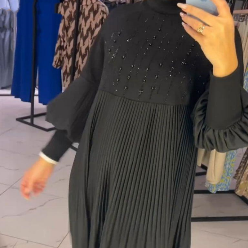 Marlene | Robe Grande Taille avec Col Montant et Manches Lanternes